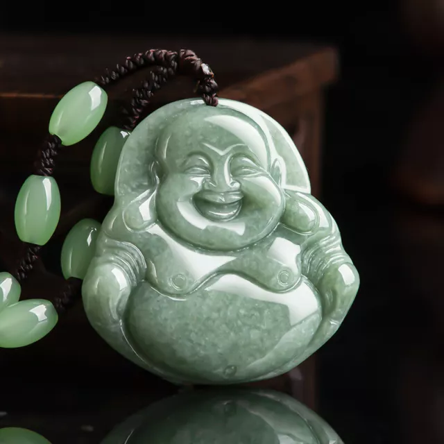 Natural Grade A Jade Green Jadeite Pendant Bean Bless Lucky Buddha with Necklace