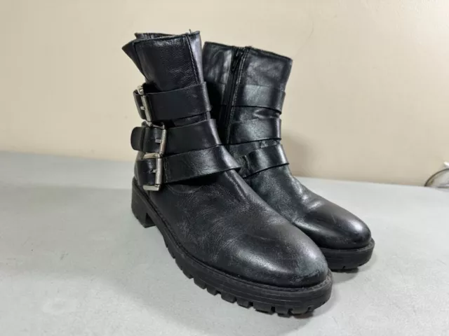 Steve Madden Women's Black Leather Side Zip Maly Ankle Moto Boots Size 6.5