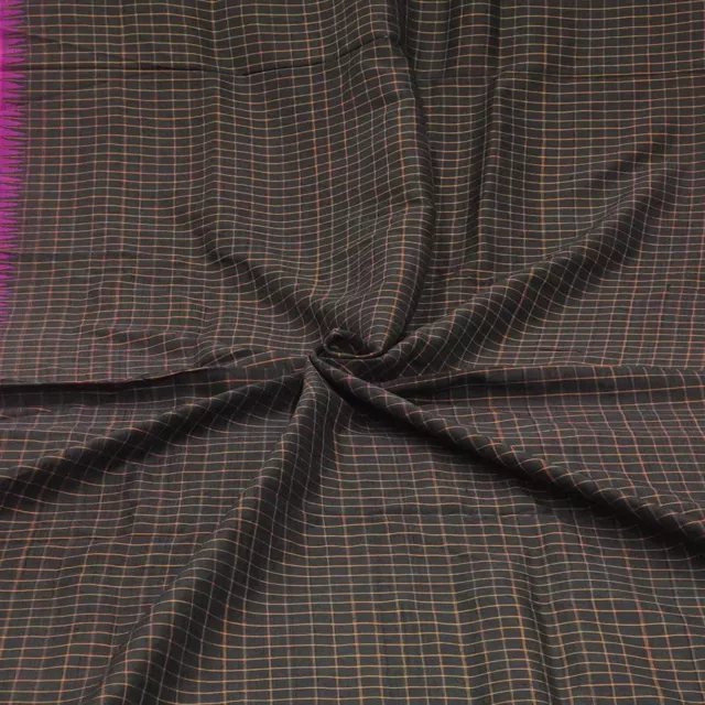 Vintage Black 100% Pure Silk Handloom Checks Sari Remnant 5YD Craft Fabric Scrap
