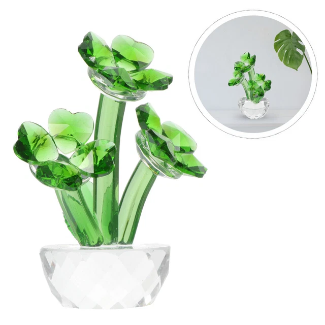 Ornement de la figurine de fleurs: cadeau de statue en verre vert quatre feuille