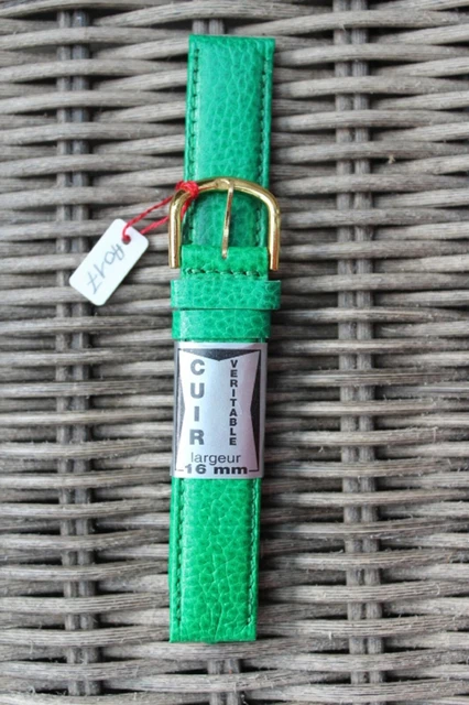 Bracelet Montre En Cuir Véritable Vert - Boucle Dorée - Largeur 16 Mm - Neuf