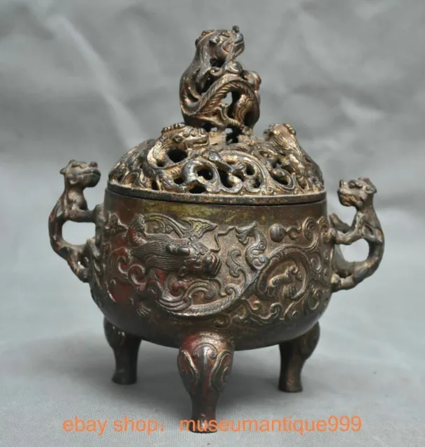 7.2" ancient China Chinese Bronze Pi Xiu Draogn Beast Incense Burner Censer