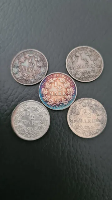 Lot mit 5 Silbermünzen 1/2 Mark 1906 G, 1913 J, 1915 A F, 1916 E, Kaiserreich