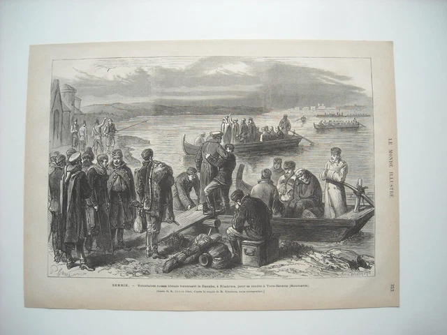 Gravure 1876. Serbie Volontaires Russes Blesses Traversant Le Danube, A Kladowa.