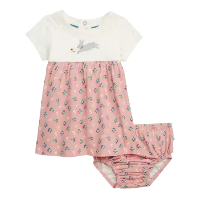 New Baby Mini Boden Size  6 -12 Months Pink Bunny Rabbit floral Jersey Dress set
