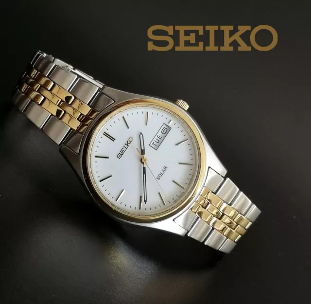 SEIKO V158-0AA0 MEN'S solar quartz watch day date indicator stainless steel  #6 EUR 68,17 - PicClick FR