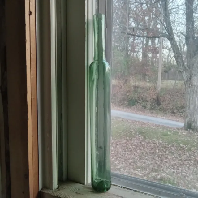 1840s FREE BLOWN EARLY PONTILED GREEN CYLINDER COLOGNE BOTTLE NICE 10"LARGE SIZE
