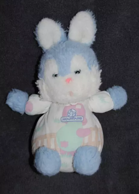 Peluche Doudou Lapin Bleu Blanc NOUNOURS Corps Imprimé Vintage 25 Cm Hochet