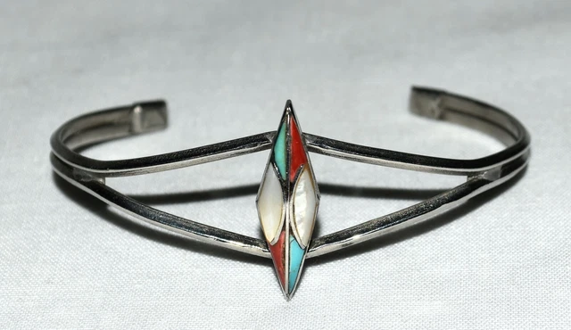 Vintage Turquoise Coral and MOP in Diamond Shape Siverplated Cuff Bracelet Sz 7