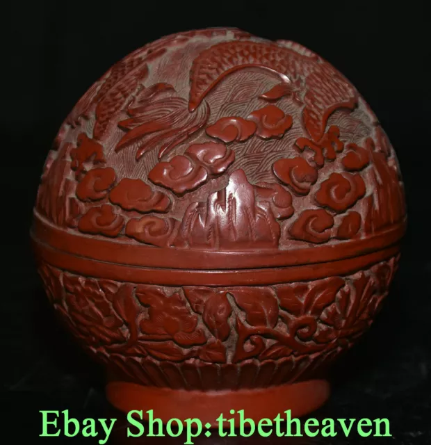 4.4" Marked Old Chinese Red Lacquerware Carving Dragon Ball Luck Jewelry Box