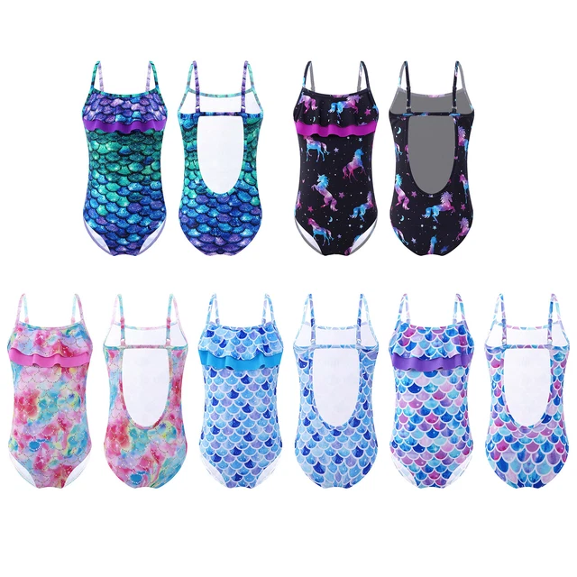 GIRLS ONE PIECE Swimming Costume Fish Scales Swimsuit Cut Out Back ...