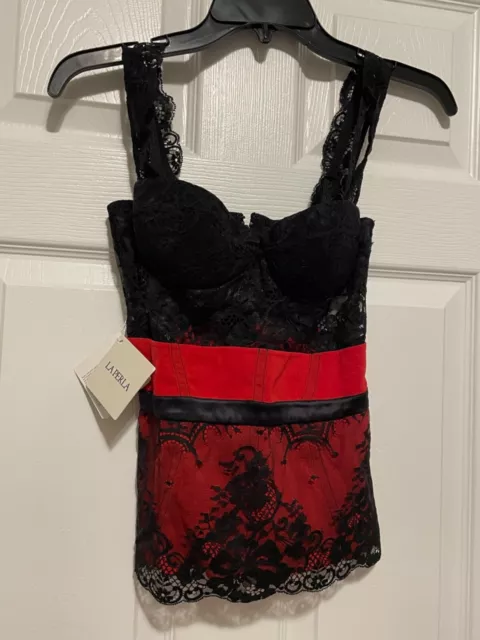 La Perla El Color Rojo 32B Bustier Top Black Lace Red Silk $854