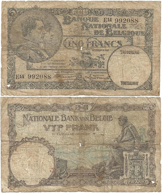 1931 KINGDOM of BELGIUM "Cinq" or 5 Francs NATIONAL BANK Note ALBERT & ELISABETH