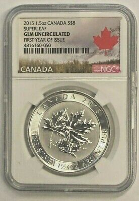 2015 Silver $8 Silver Canadian Maple Leaf 1.5 oz BU NGC SuperLeaf