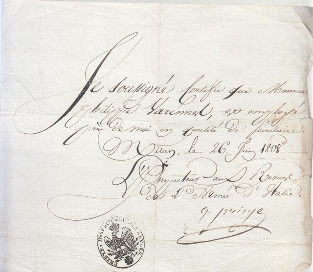 MILANO 1808 OCCUPAZIONE NAPOLEONICA+documento ISPETTORE RIVISTE+t.AQUILA-F224
