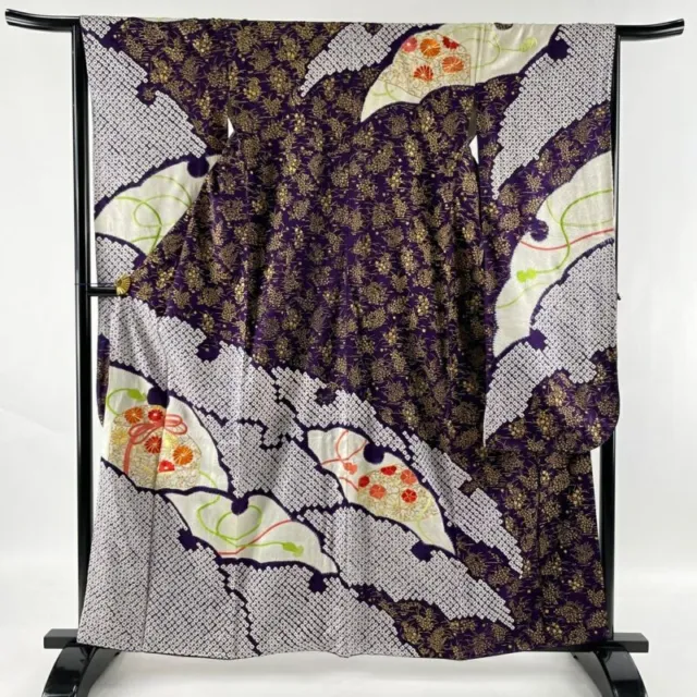 Japanese Kimono Furisode Pure Silk Box To Hold Letters Flowers Embroidery Purple