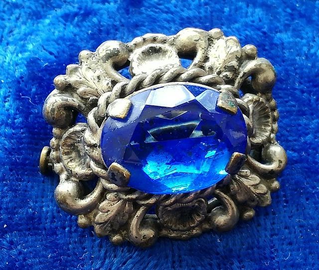 Grande Broche Ancienne Vintage - Cabochon Bleu - Couleur Or - Bijou Fantaisie - Occasion 'dans Son Jus'