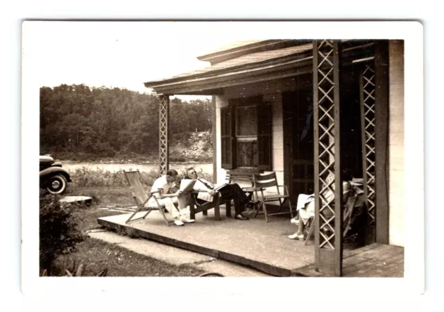 Vintage Photo Men Man Reading Newspaper On Porch 1930's 1940's Found Art R150