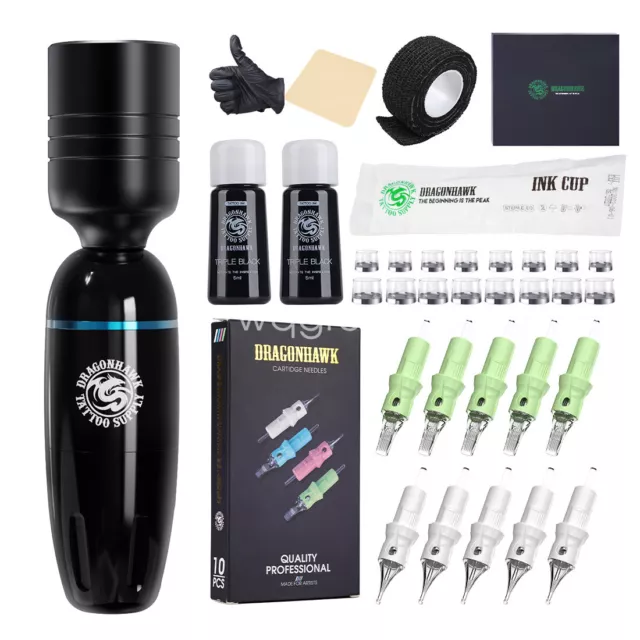 Dragonhawk Wireless Power Tattoo Set Kit Motor Makeup Pen Ink Cartridge Needles