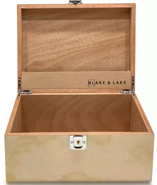 Large Locking Wood Storage Box - Wooden Box with Hinged Lid and Lock and Key