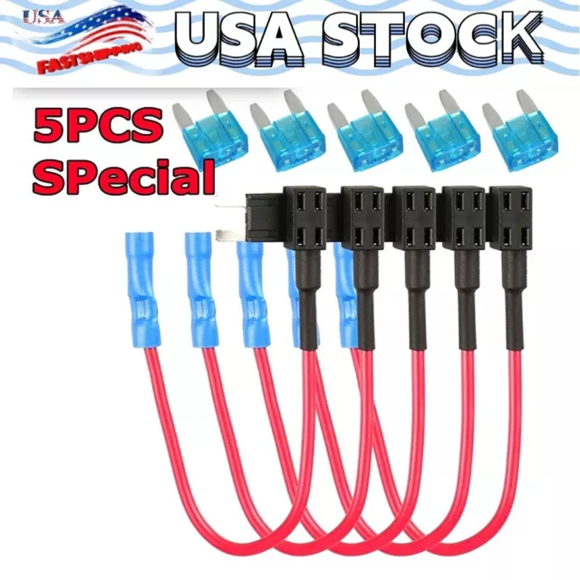 5Pcs Fuse TAP ADAPTER KIT 12V 15 Amp Car Add-a-circuit Mini ATM APM Blade Fuse