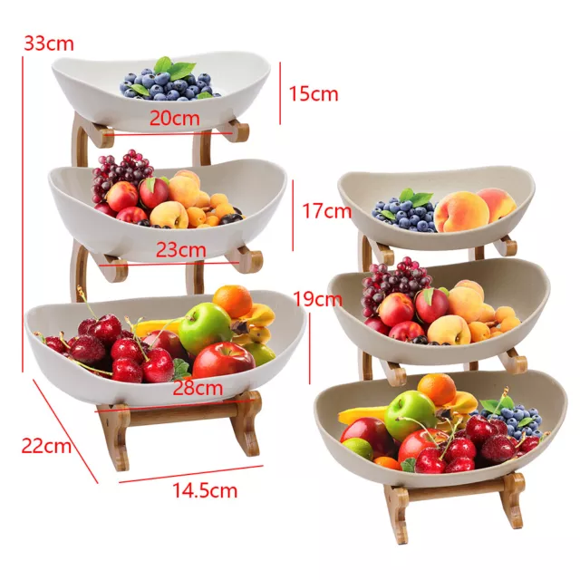 3 Tier Ceramic Fruit Candy Trays Bamboo Basket Bowl Holder Kitchen Storage Stand