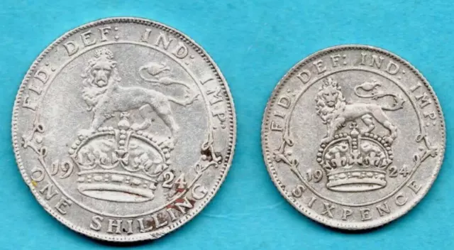 2 X 1924 Silver Coins. Shilling & Sixpence. King George V. 100 Years Old.