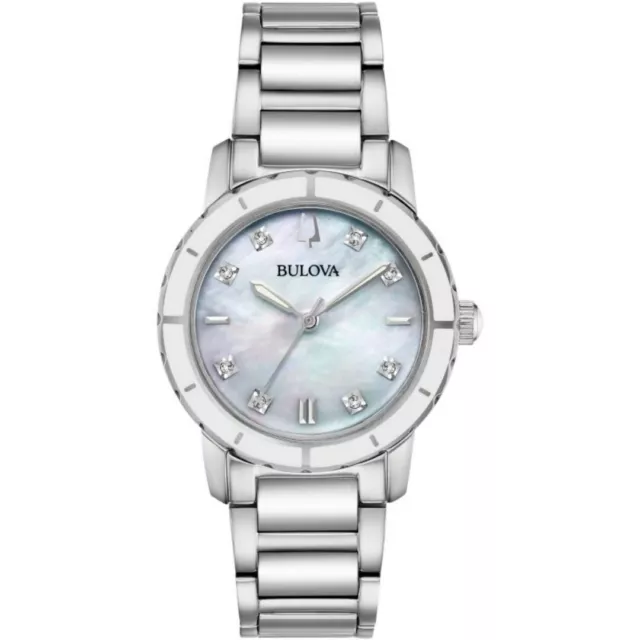 Bulova Ladies Mother Of Pearl Diamond Quartz Bracelet 27mm Watch 96P194
