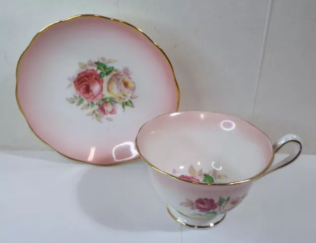 Vintage ROYAL ALBERT TEA CUP SAUCER PINK & YELLOW ROSES Pink Fade Rim Bone China