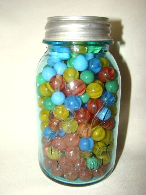 Antique 7" BALL PERFECT MASON Glass Canning Jar w/Presto Zinc Lid, MARBLES