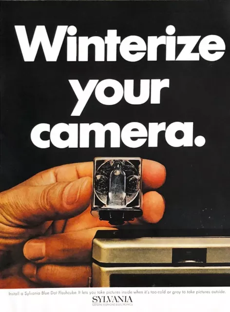 1968 Sylvania Flash Cube Vintage Print Ad Winterize Your Camera Blue Dot