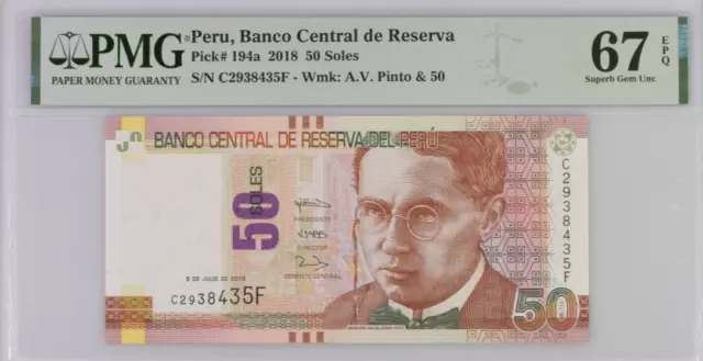 Peru 50 Soles 2018 P 194 a Superb Gem UNC PMG 67 EPQ