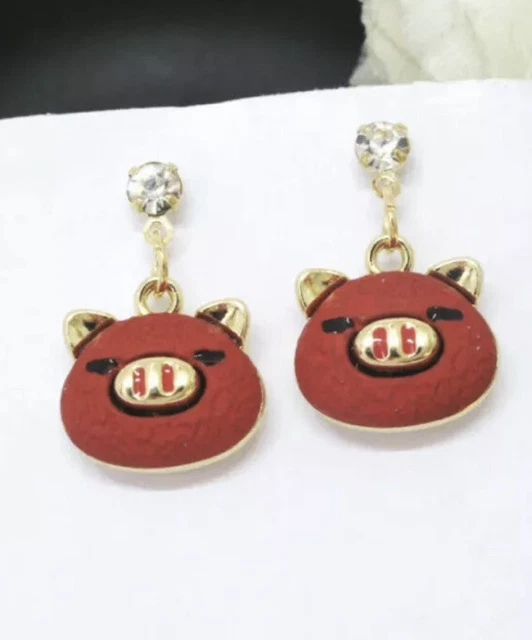 Betsey Johnson Orange Red Enamel Rhinestone Crystal Dangle Pig Earrings NWT