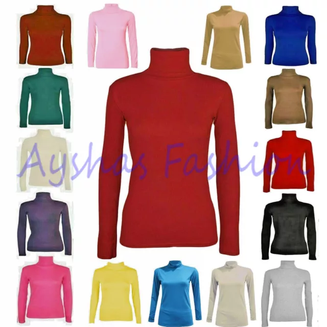 Ladies Long Sleeve Polo Neck Roll Neck Top Womens Turtle Neck Plain Jumper 8-26