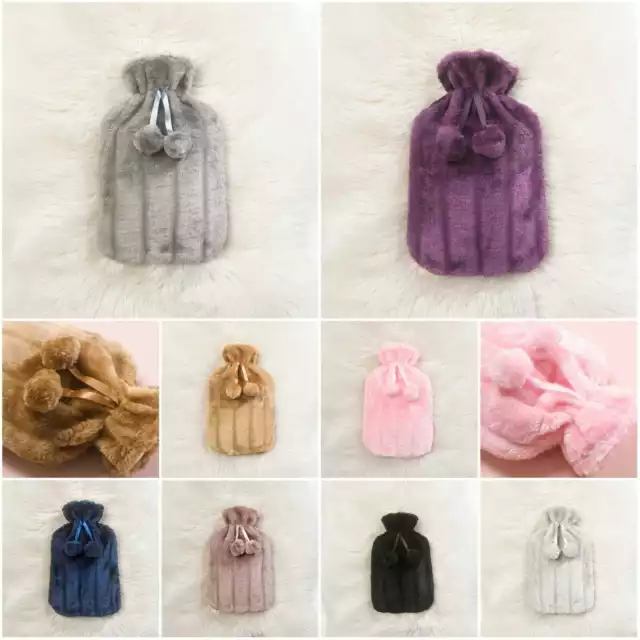 Hot Water Bottle with Warm Faux Fur Fleece Cover Large 2L Natural Rubber