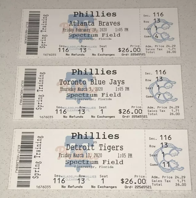 2020 Phillies Jays Braves Tigers Spring Training MLB x3 Unused Ticket Stub Lot