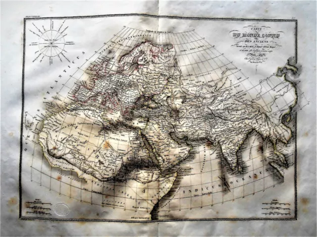 1829c Original Gravure Mappa Geografica,Mondo Conosciuto dagli Antichi. M.LAPIE.