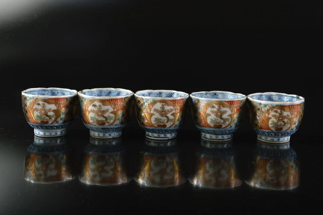 G7247: Japanese Old Imari-ware Gold paint Flower TEA CUP Senchawan 5pcs