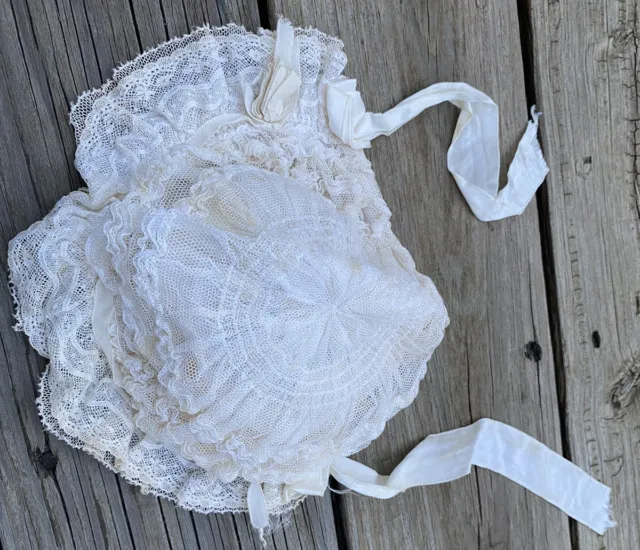 Vintage Ivory Lace Baby Doll Bonnet Christening Photo Shoot Prop Victorian