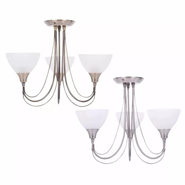 Br Chrome or Antique Brass Opal Glass 3 Arm Flush Ceiling Fitting Chandelier