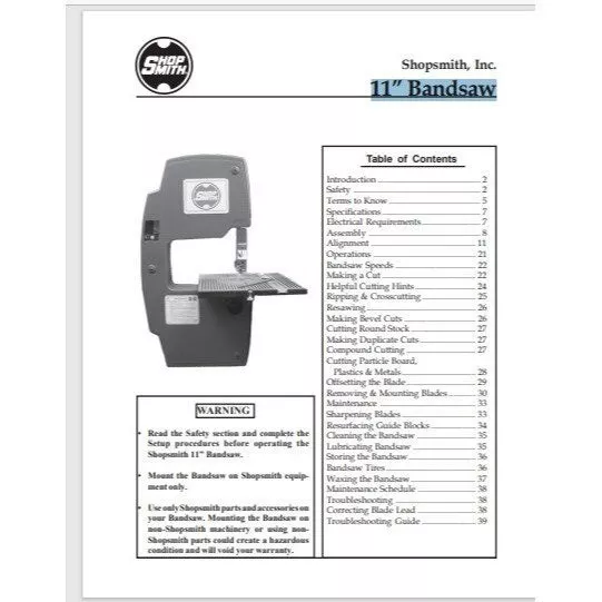 Shopsmith 11” Bandsaw manual 44 p. gloss protective covers comb bound lay flat