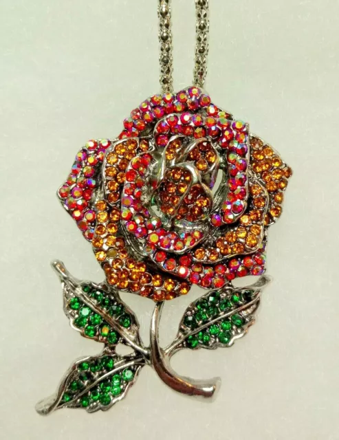 Lovely & Sparkly! Betsey Johnson Crystal Rose Pendant / Brooch & Chain Necklace!