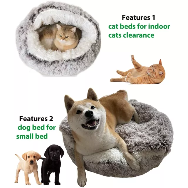 Donut Self Warming Pet Dog Bed Cat Bed Cave Round Plush Fluffy Hooded Cat Bed