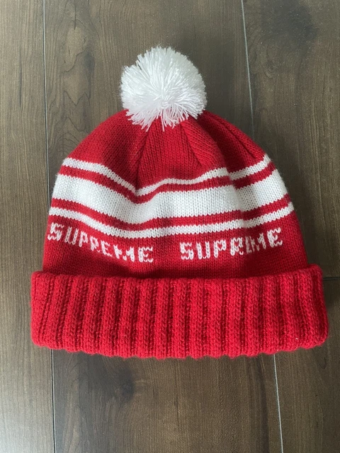 Supreme Pom Knit Red White Classic Stripe Beanie FW18
