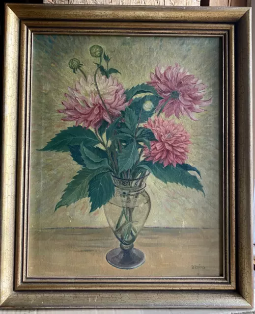 Pintura Al Óleo Federdhalien Rosa En Jarrón Antiguo Marco 1920 Bruins Firmado Öl