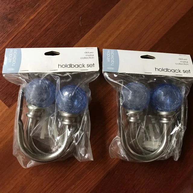 2 HOME Window HOLDBACK SETS (2 Piece per set)w/ Hardware SILVER Blue Glass NEW!