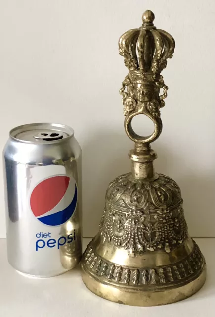 VINTAGE HEAVY ORNATE DECORATIVE BRASS Finger Ring BELL FACE CROWN ON HANDLE