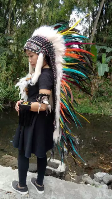 Tocado de jefe nativo, gorro de guerra de arcoíris indio, tocado de disfraz...