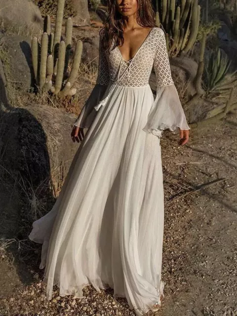 Elegante abito vestito morbido lungo stile boho bohemian bianco romantico 4904