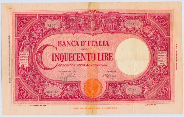 Italy 500 Lire 17. 08. 1944, Serial # G37 064132, P.70a_F-